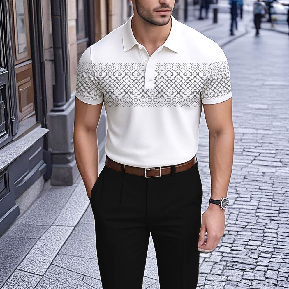 Men's Business Casual Polo Collar Geometric Printed Short-Sleeved Shirt