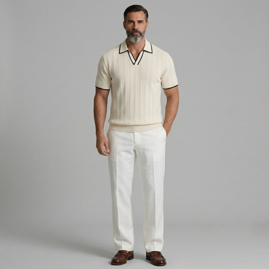Men's Classic Beige Pit Stripe Contrast Binding Knitted Polo Shirt