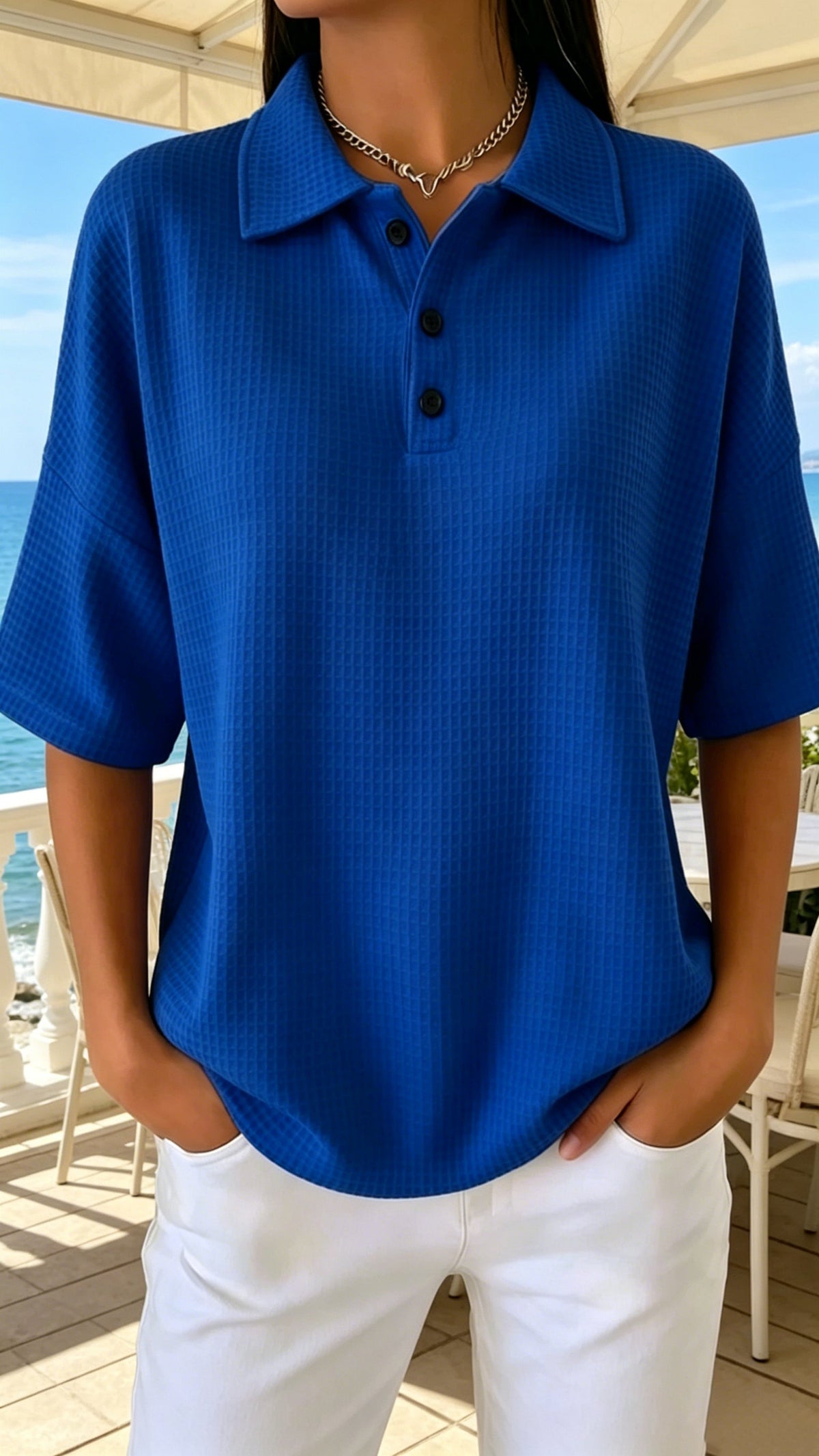 Women's Button-Front Waffle-Knit Short-Sleeve T-Shirt