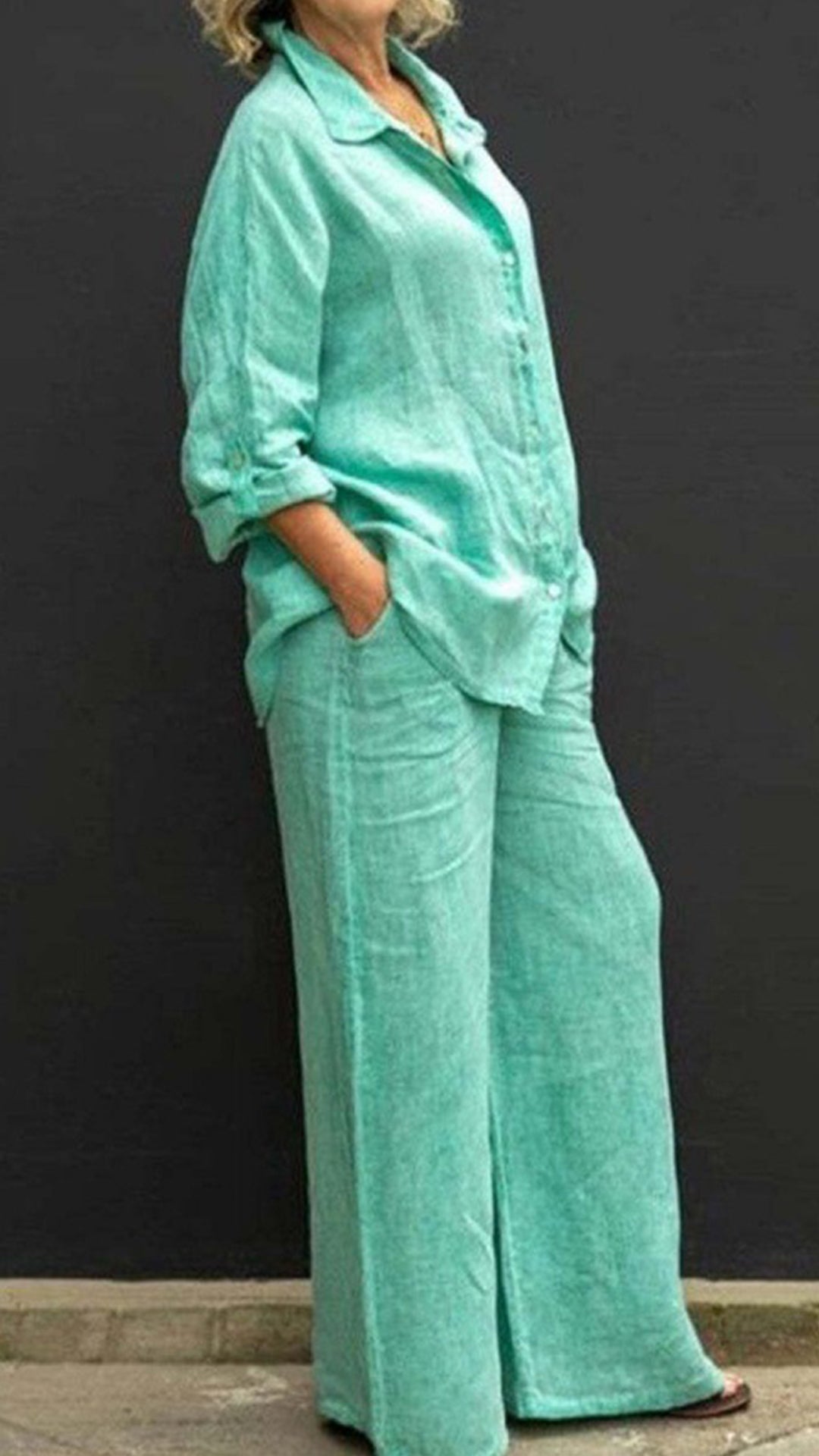Women's Linen Lapel Shirt & Wide-Leg Pants Two-Piece Set