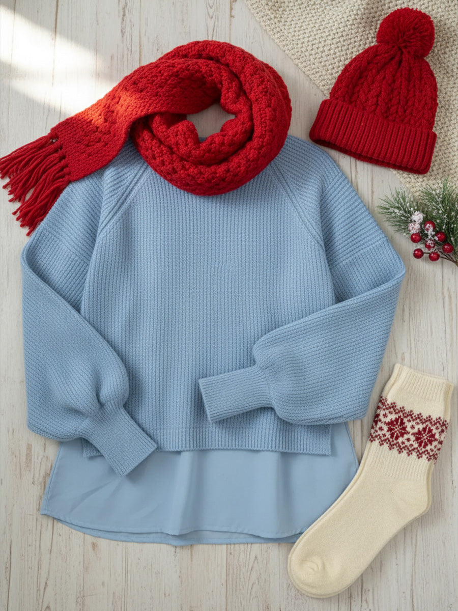 CLEARANCE SALE🔥 Women's Comfortable Patchwork Faux Two-piece Lantern Sleeve Sweater