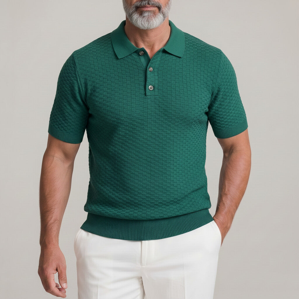 Men's Solid Color Geometric Texture Ribbed Hem Polo Shirt