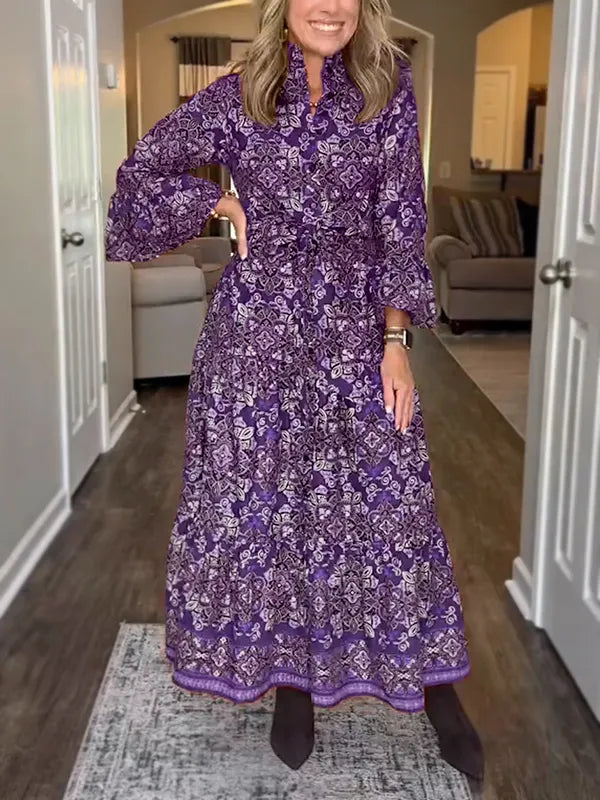 NEW🔥 Vintage Printed Long Sleeve Dress with Tie Belt