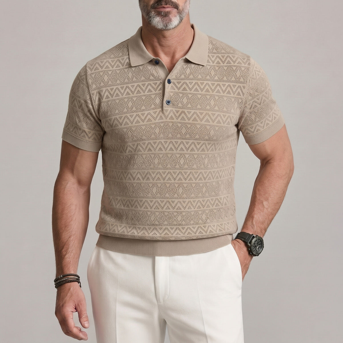 Men's Daily Solid Color Hollow Out Diamonds Texture Slim Polo Shirt