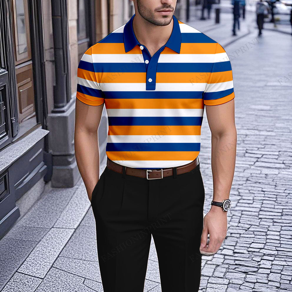 Men's Casual Blue And Orange Stripes Printed Short-Sleeve Polo Shirt