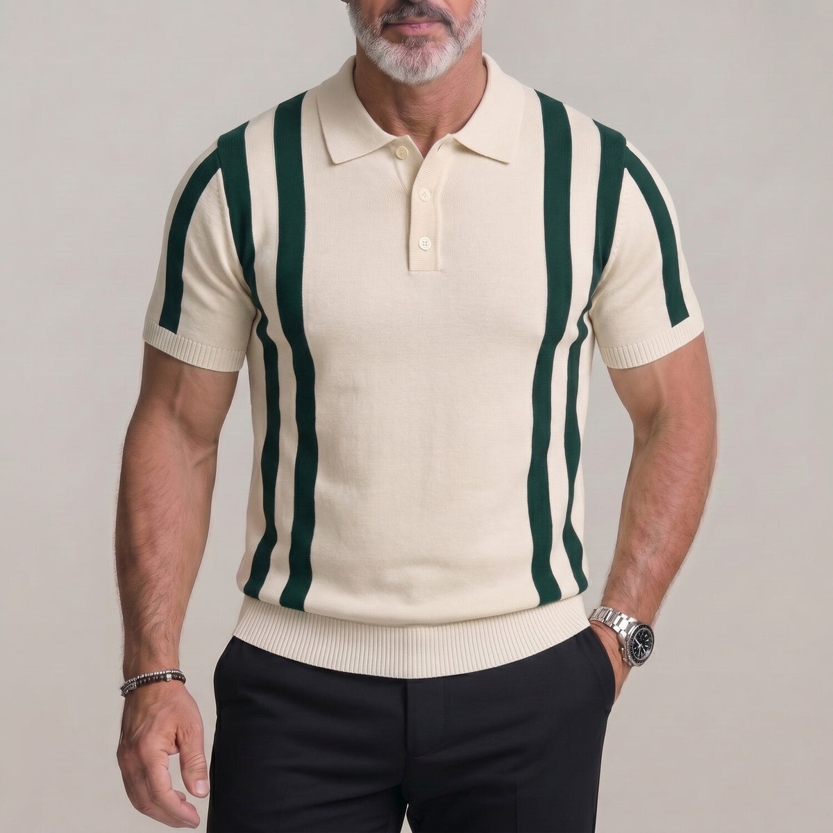 Men's Daily Black Contrast Striped Pattern Slim Knit Polo Shirt