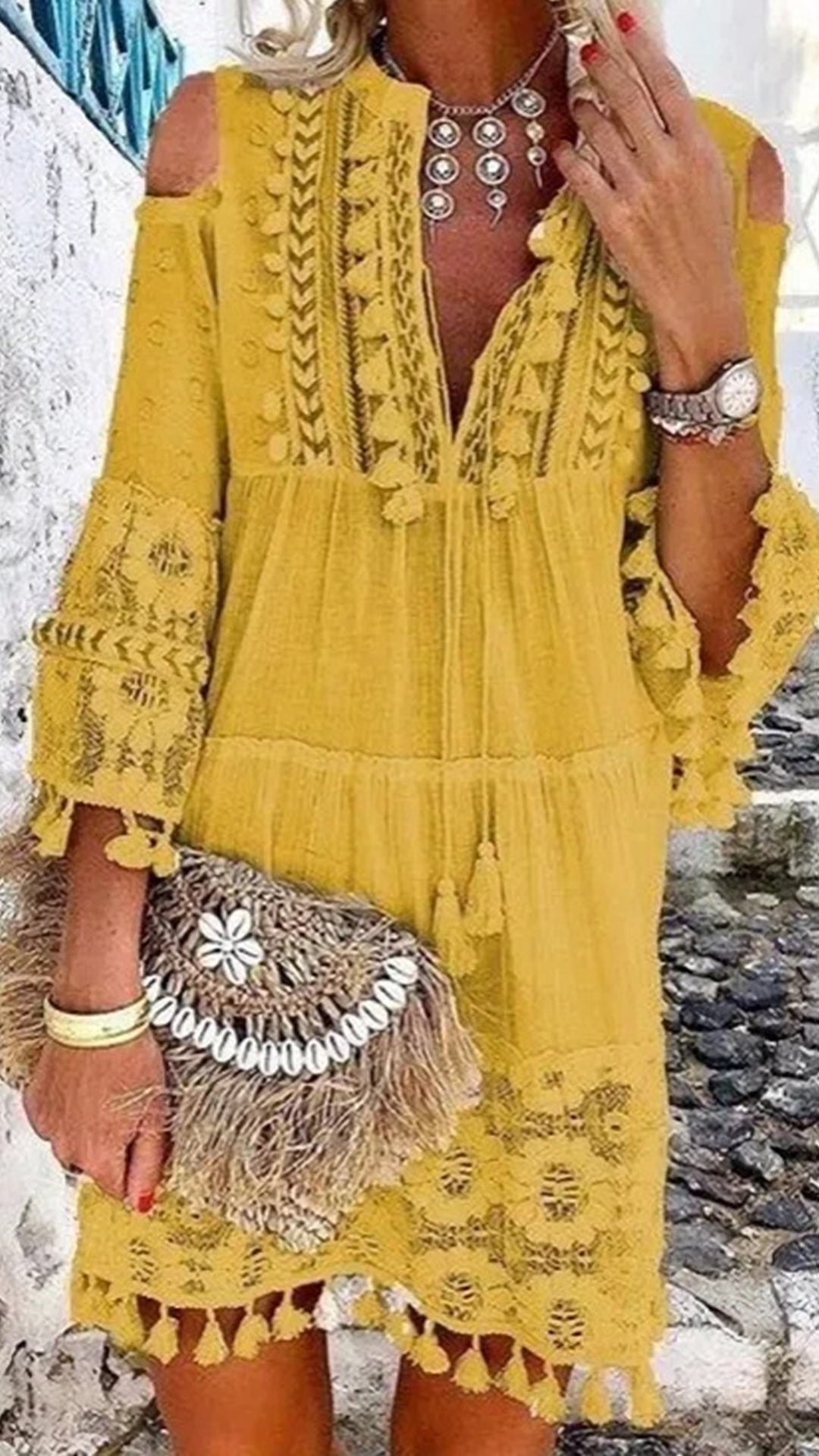 Women's Bohemian Tassel Cotton-Blend Dress