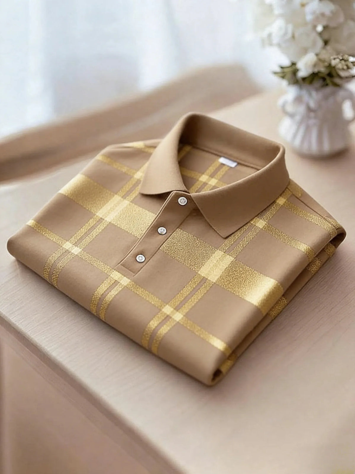 Men's Business Casual Black and Yellow Plaid Button Short Sleeve Polo Shirt