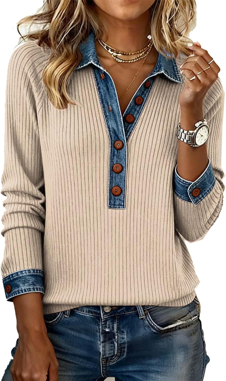Women's Chic Denim Trim Ribbed Henley Shirts Long Sleeve Lapel V Neck Button Up Casual Tops