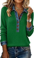 Women's Chic Denim Trim Ribbed Henley Shirts Long Sleeve Lapel V Neck Button Up Casual Tops
