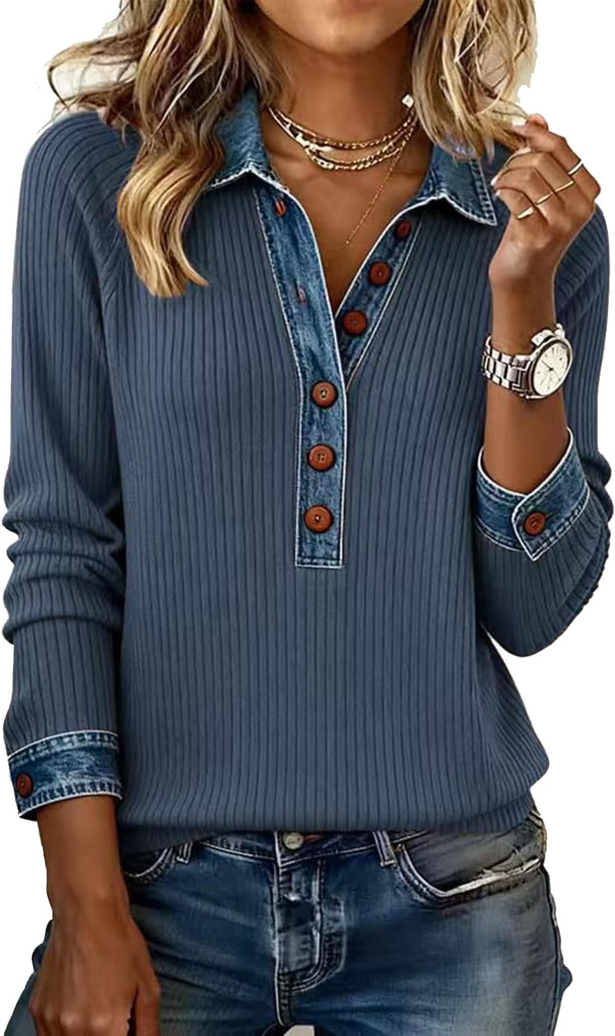 Women's Chic Denim Trim Ribbed Henley Shirts Long Sleeve Lapel V Neck Button Up Casual Tops