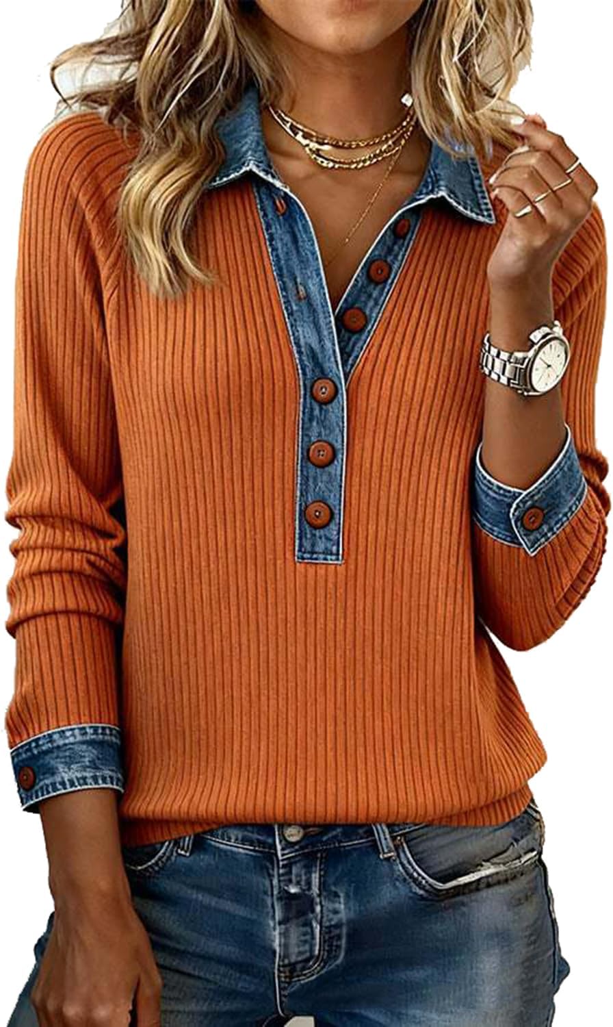 Women's Chic Denim Trim Ribbed Henley Shirts Long Sleeve Lapel V Neck Button Up Casual Tops