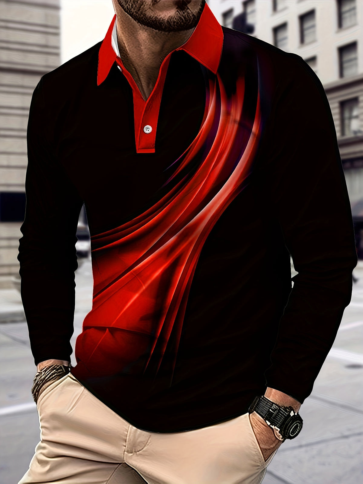 Men's Casual Black & Red Color Matching Printed Zipper Long Sleeved Polo Shirt