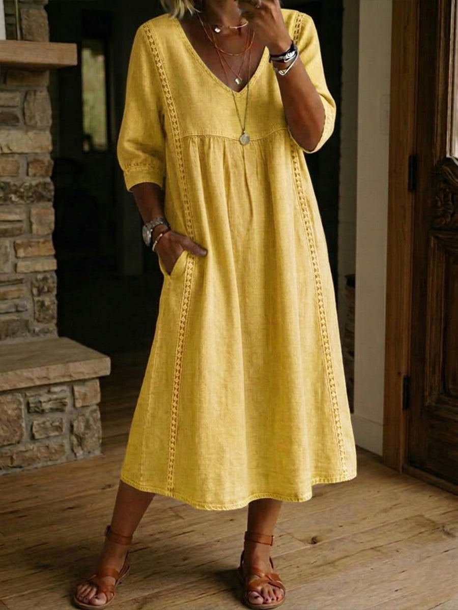 Clearance Sale🔥 Women's Casual Loose-fitting Patchwork Lace Trim Linen And Cotton Dress