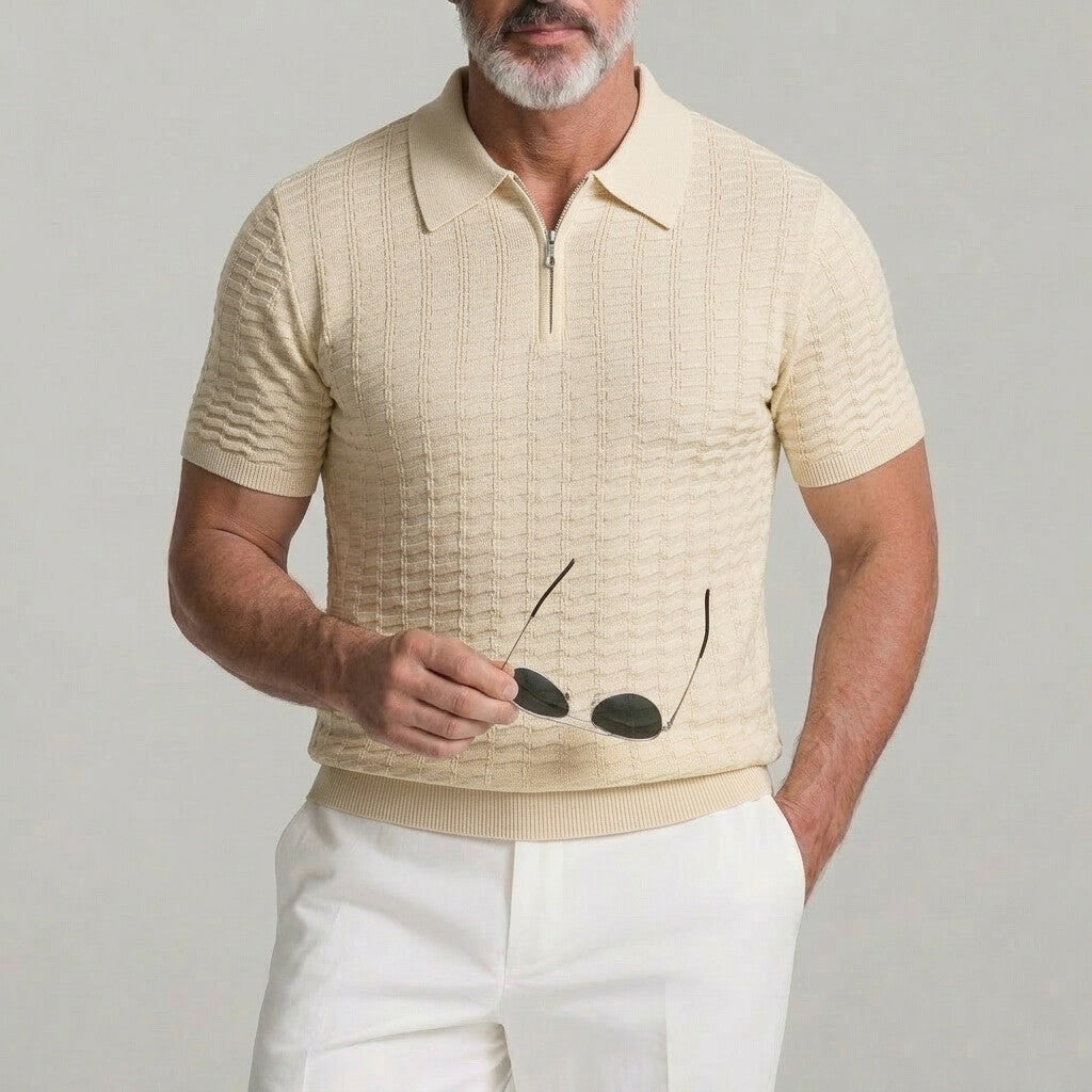 Men's Business Casual Solid Color Geometric Texture Zipper Polo Shirt