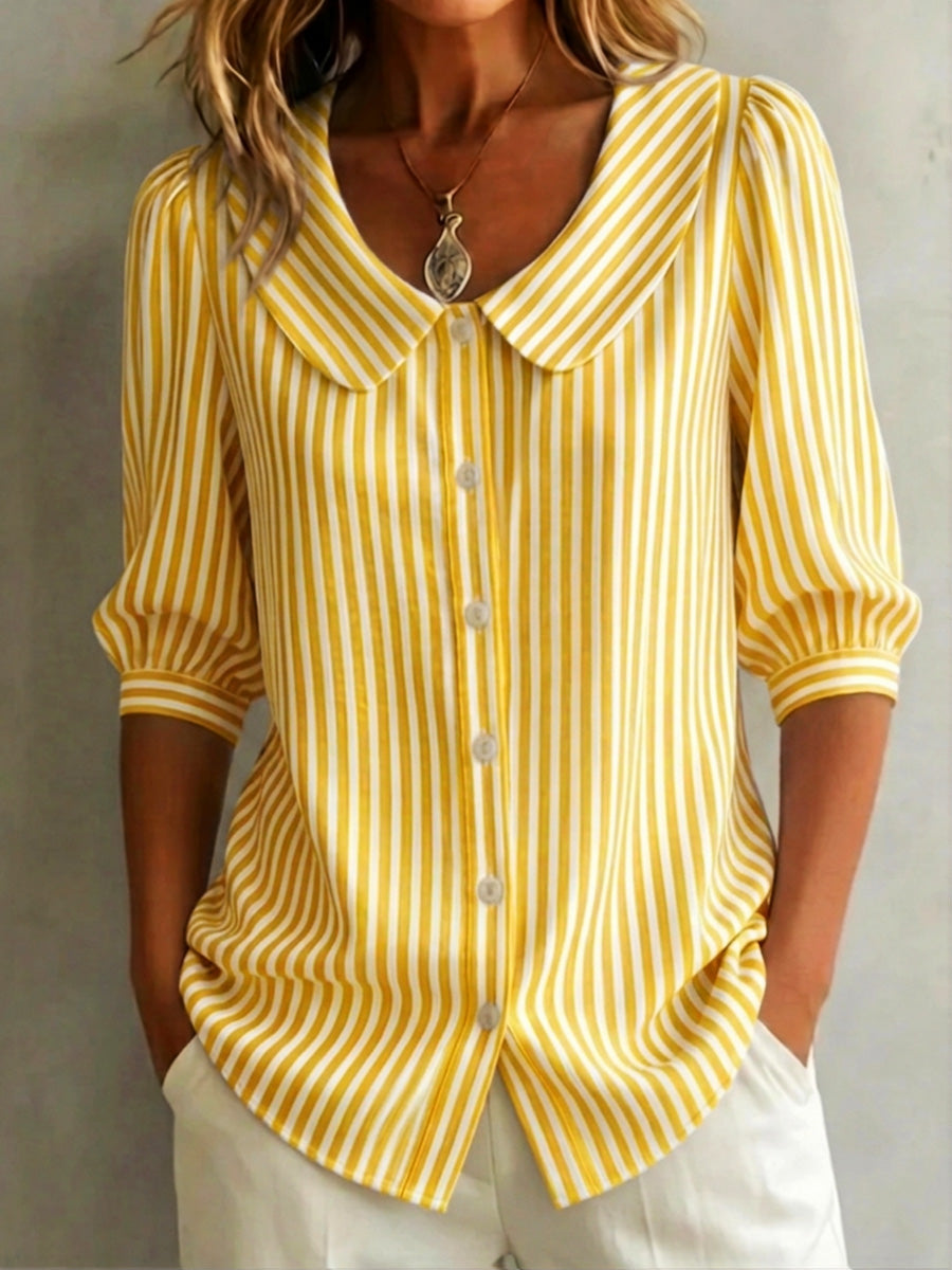 Clearance Sale🔥 Women's Retro Peter Pan Collar Striped Cotton Linen Shirt