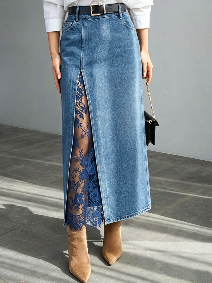 Women's High-waisted Loose Casual Denim Skirt With Lace Paneling