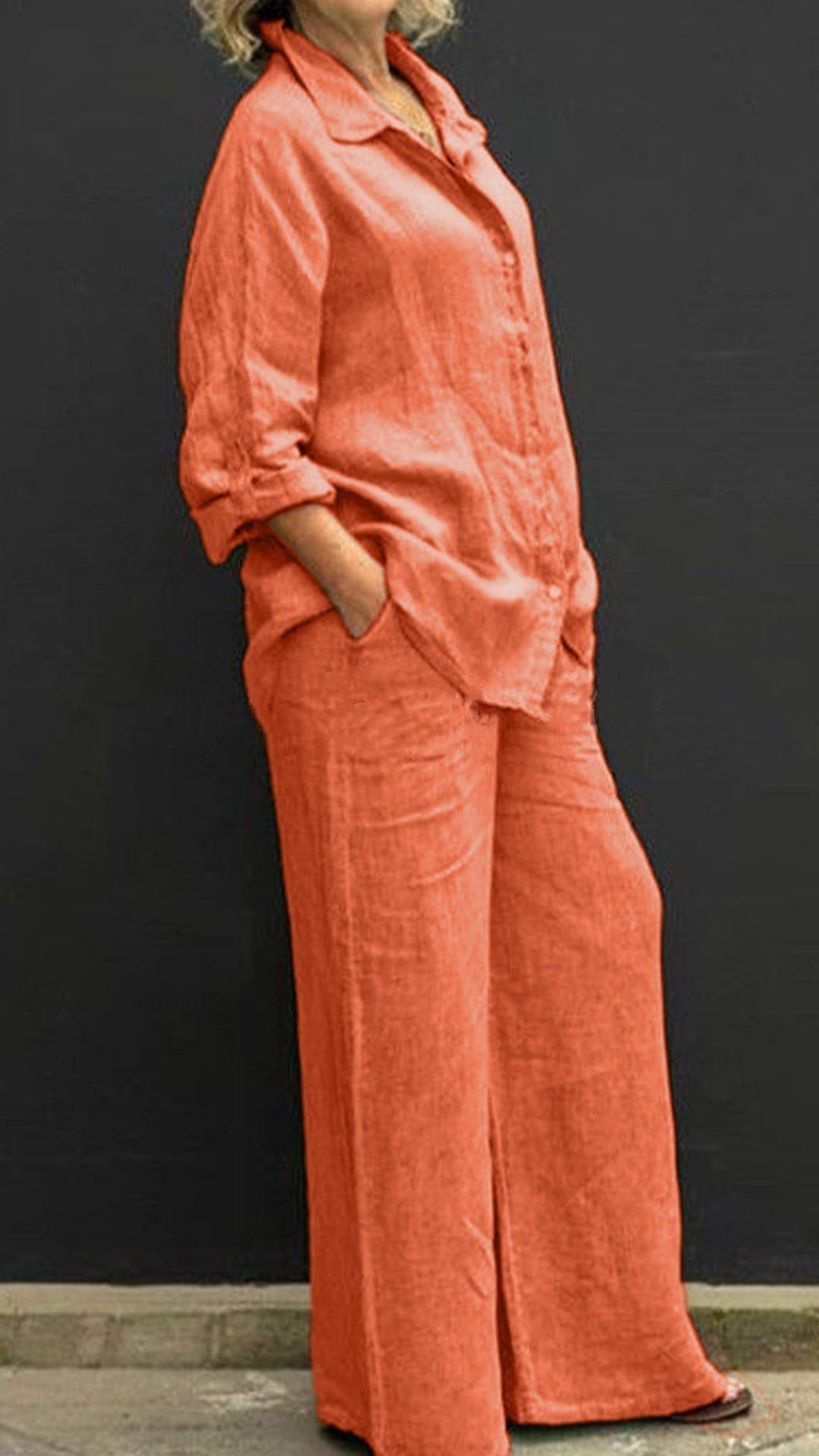 Women's Linen Lapel Shirt & Wide-Leg Pants Two-Piece Set