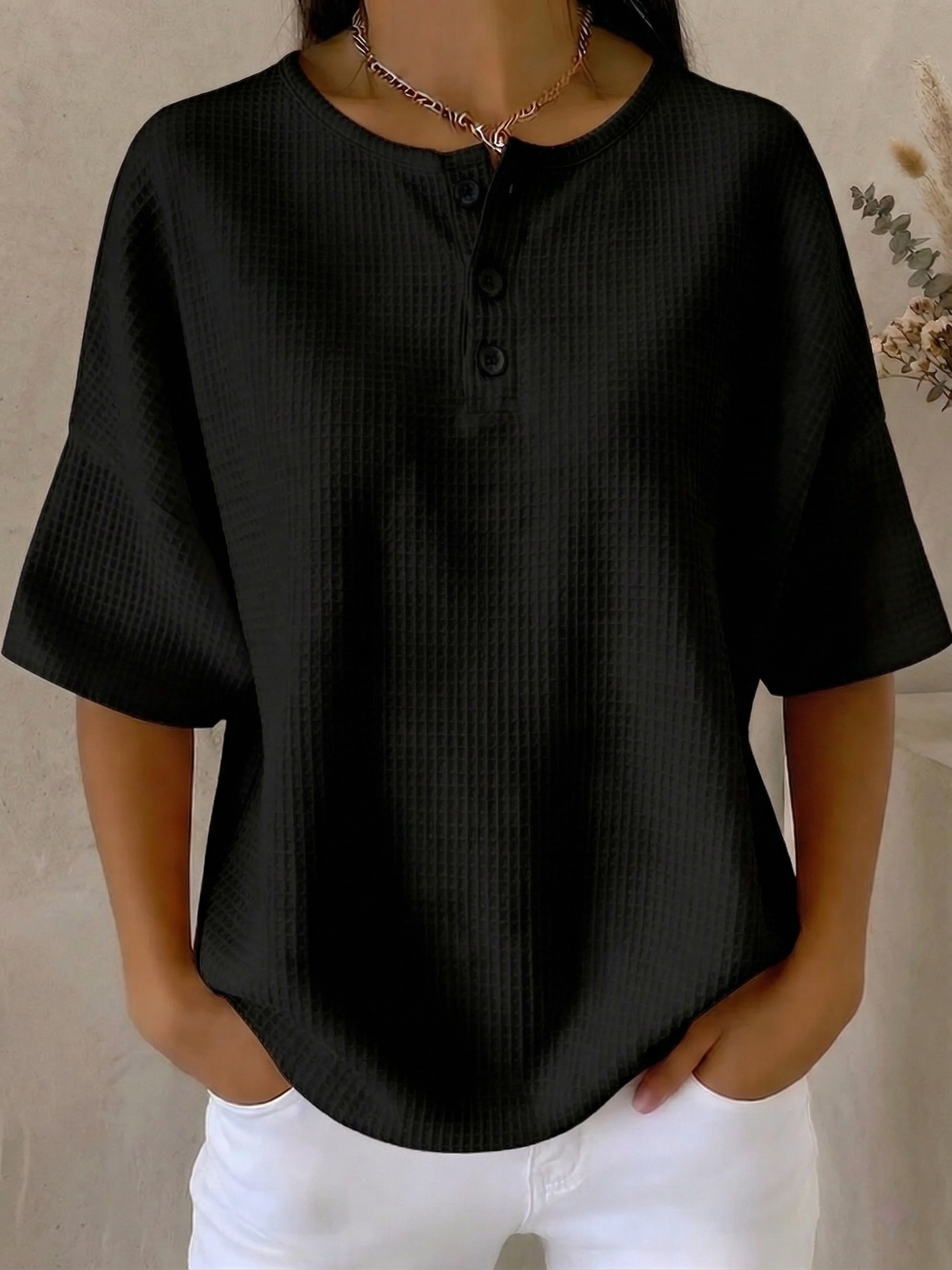 Clearance Sale🔥 Women's Casual Waffle Henry Collar 4/3 Sleeves T-shirt