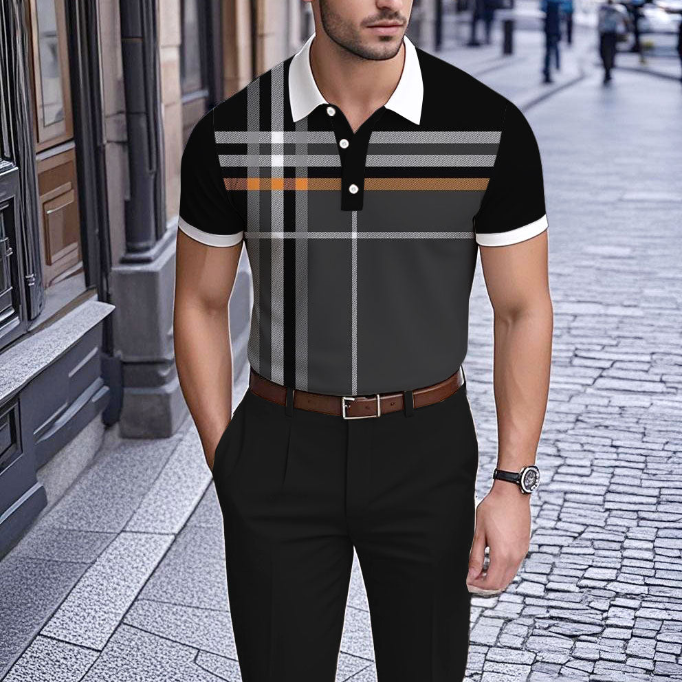 Men's Business Casual Polo Collar Geometric Printed Short-Sleeved Shirt