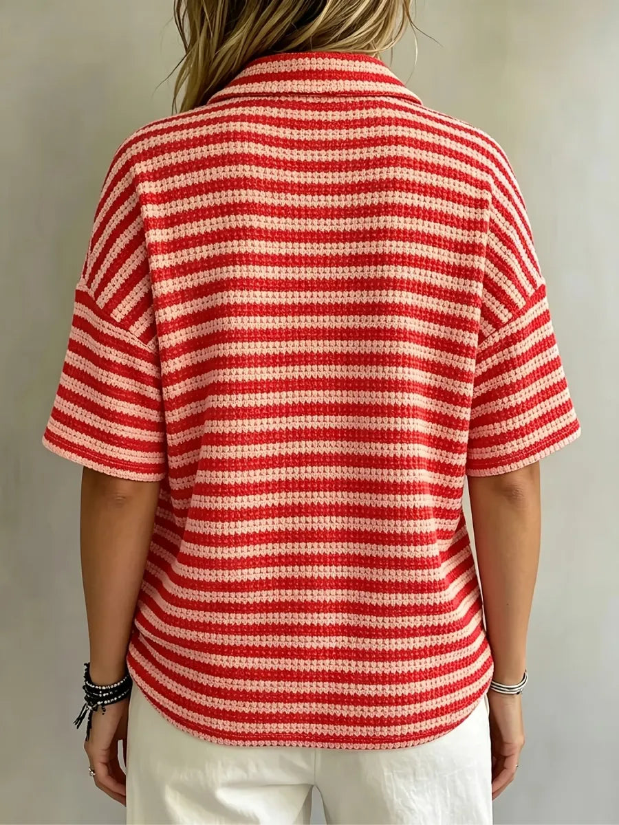 CLEARANCE SALE Women'S Fashion Striped Waffle Short-Sleeved Polo Shirt