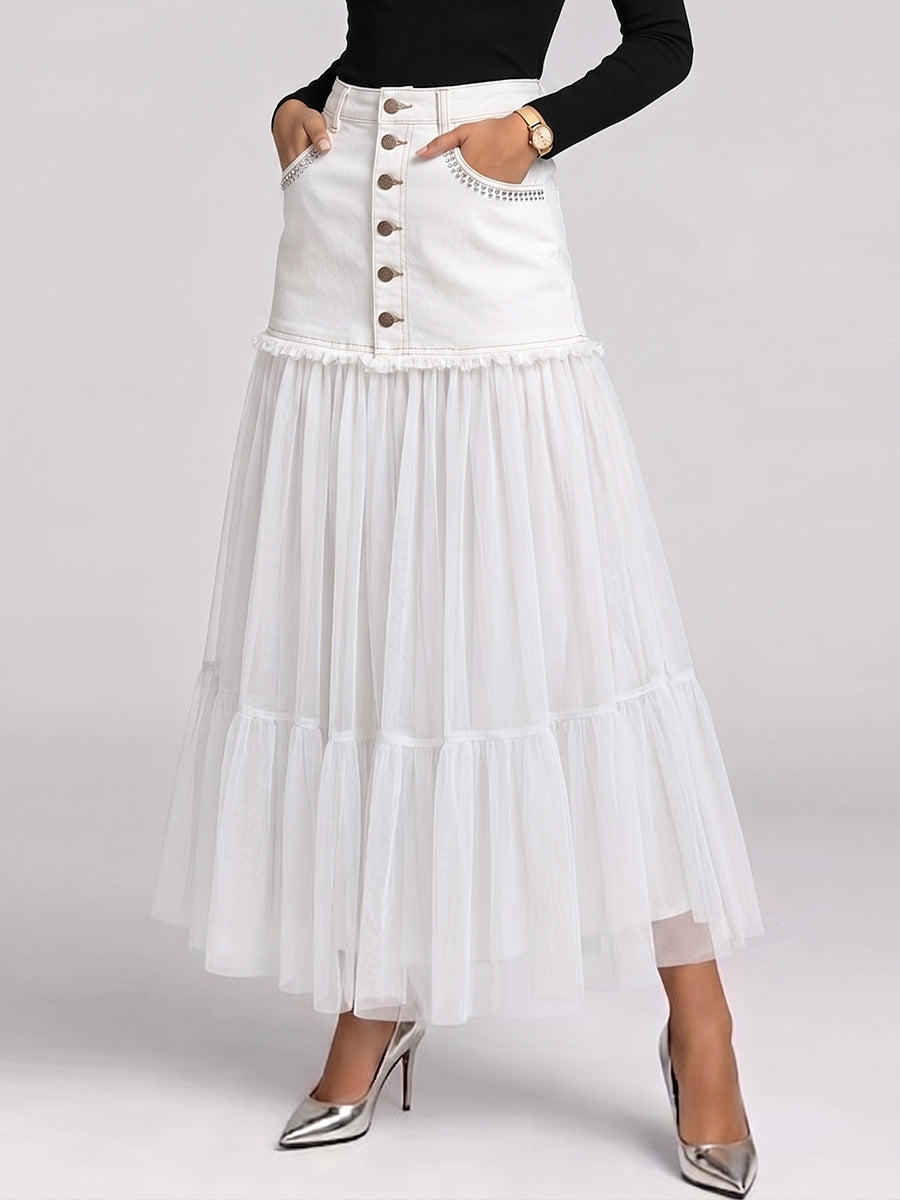 Women's High-waisted Loose-fit Casual Denim-paneled Skirt