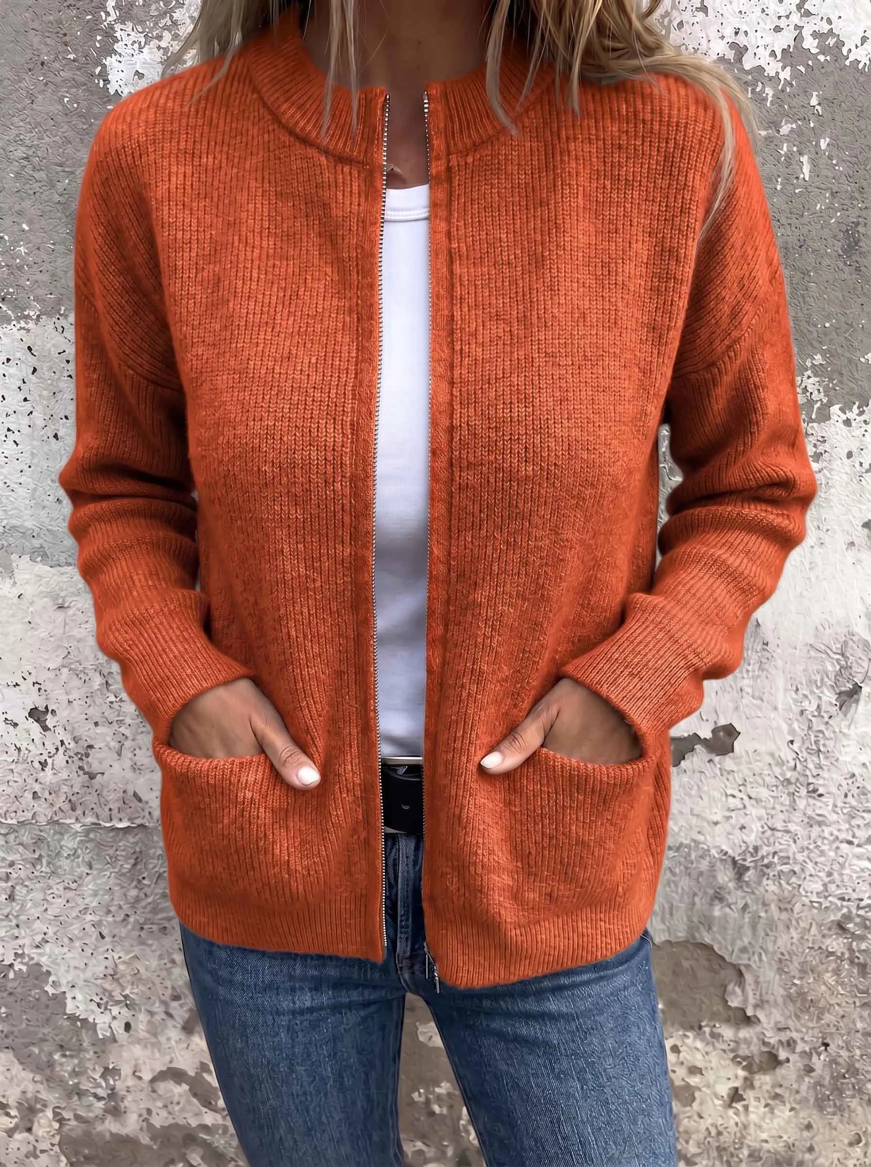 CLEARANCE SALE🔥 Round Neck Ribbed Knit Zip Jacket