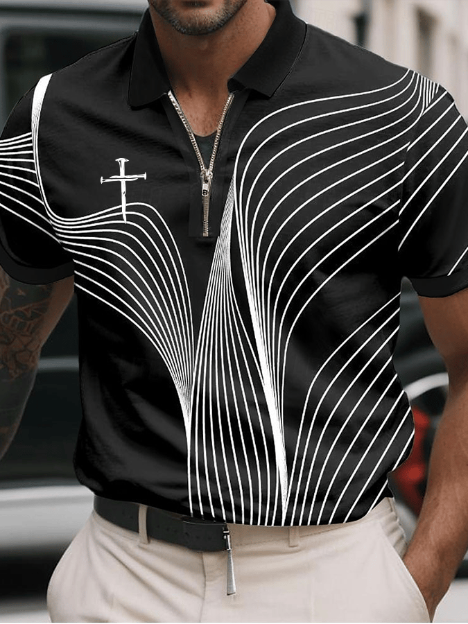 Men's Faith Printed Casual Zip-Up Polo Shirt