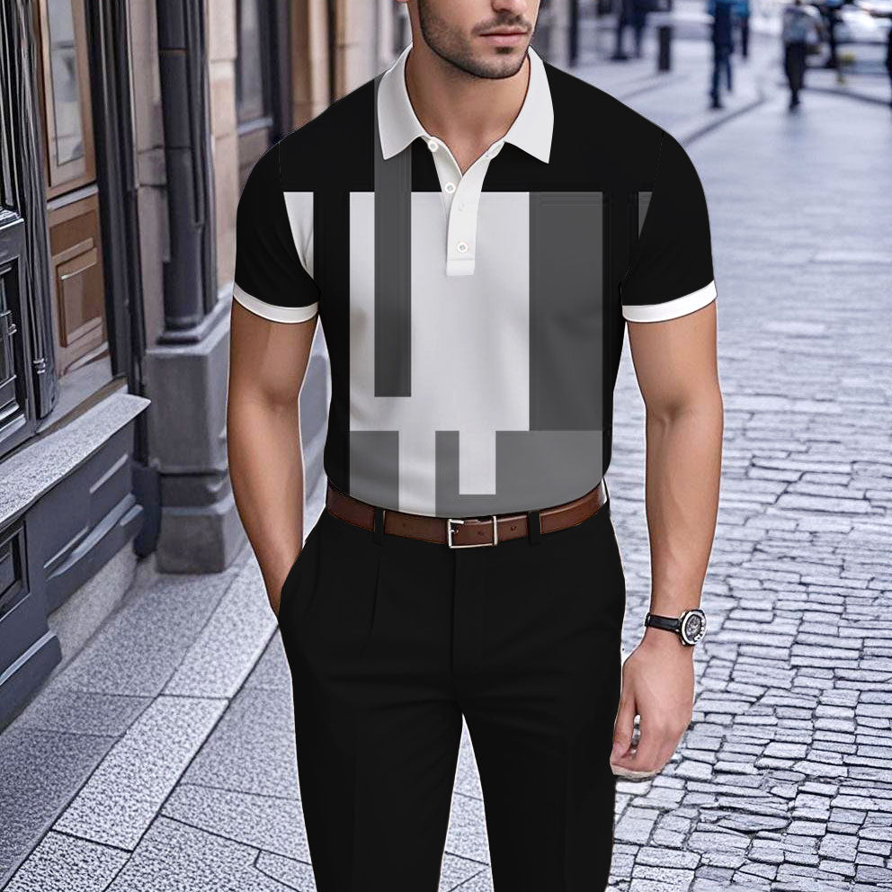 Men's Business Casual Polo Collar Geometric Printed Short-Sleeved Shirt183444