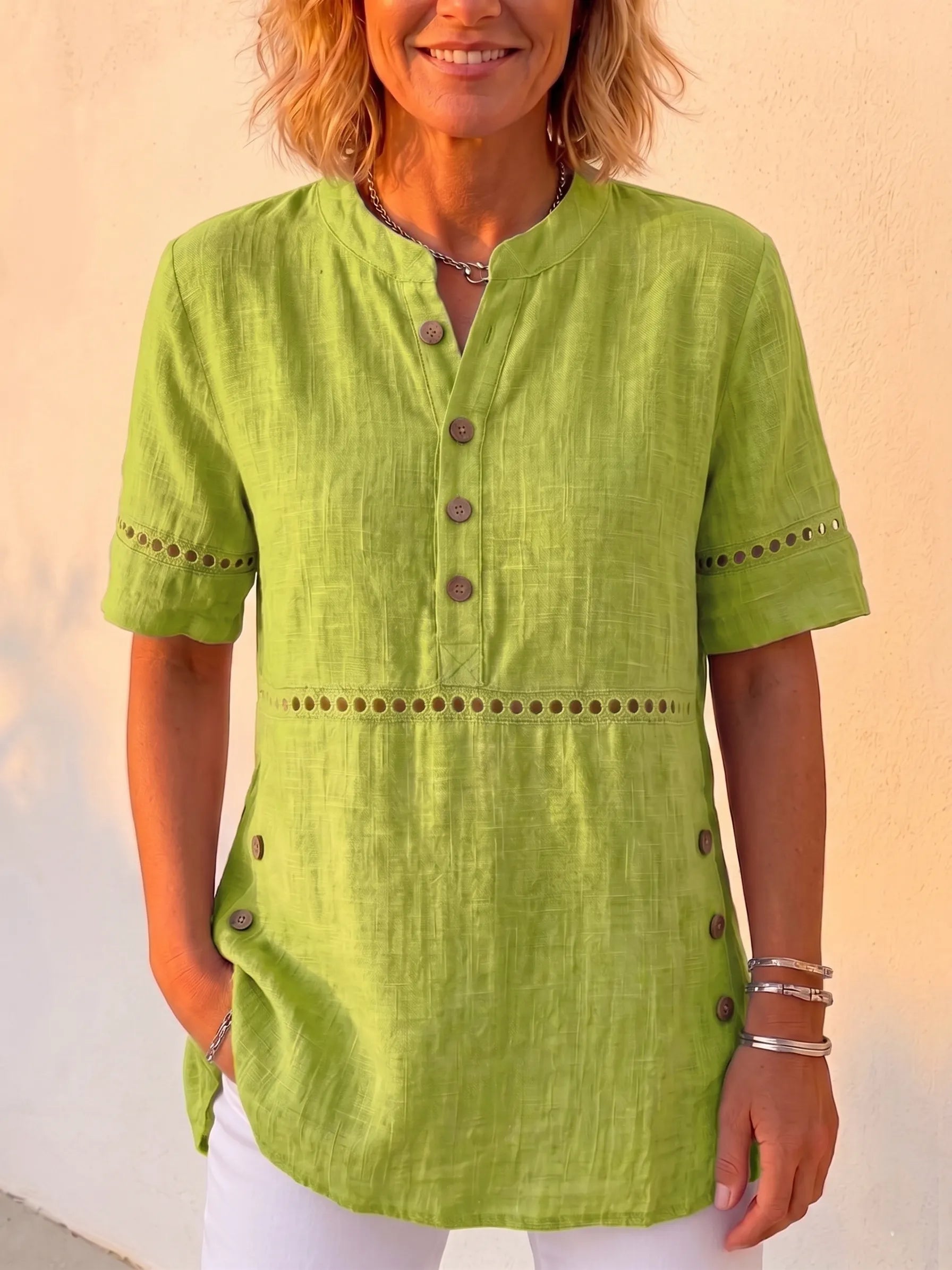 Clearance Sale🔥 Vintage Cotton-Linen Look Eyelet Embroidery Short Sleeve Blouse - Casual Half-Placket Button-Down Breathable Tunic Top