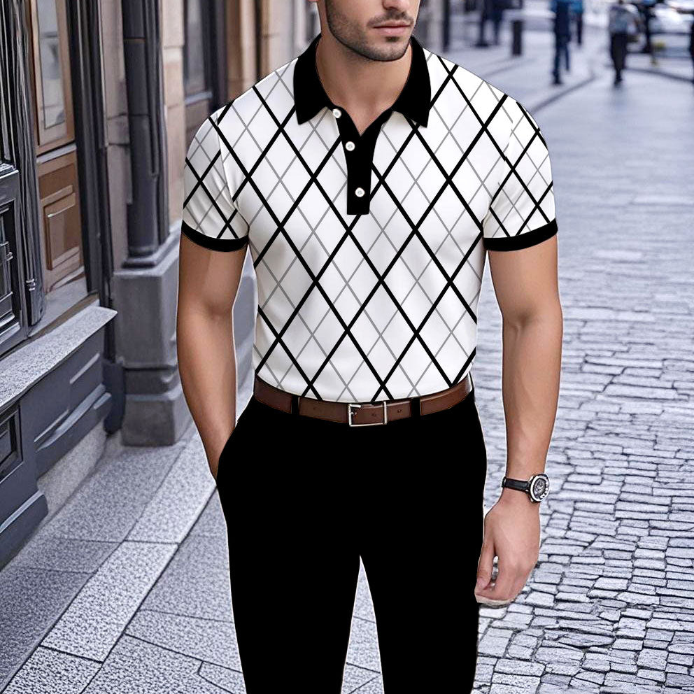 Men's Business Casual Polo Collar Geometric Printed Short-Sleeved Shirt