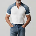 Men's White Ribbed Knit Denim Patchwork Short Sleeve Polo Shirt