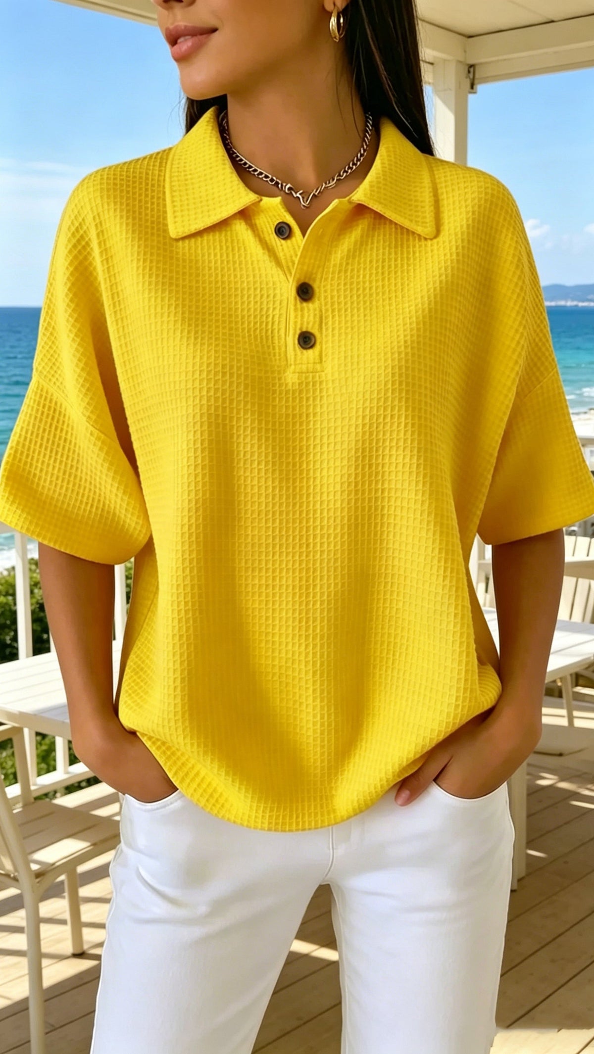 Women's Button-Front Waffle-Knit Short-Sleeve T-Shirt