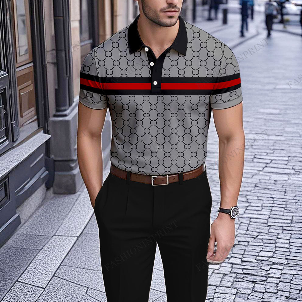 Men's Casual Gray Plaid Printed Short-Sleeve Polo Shirt 203801