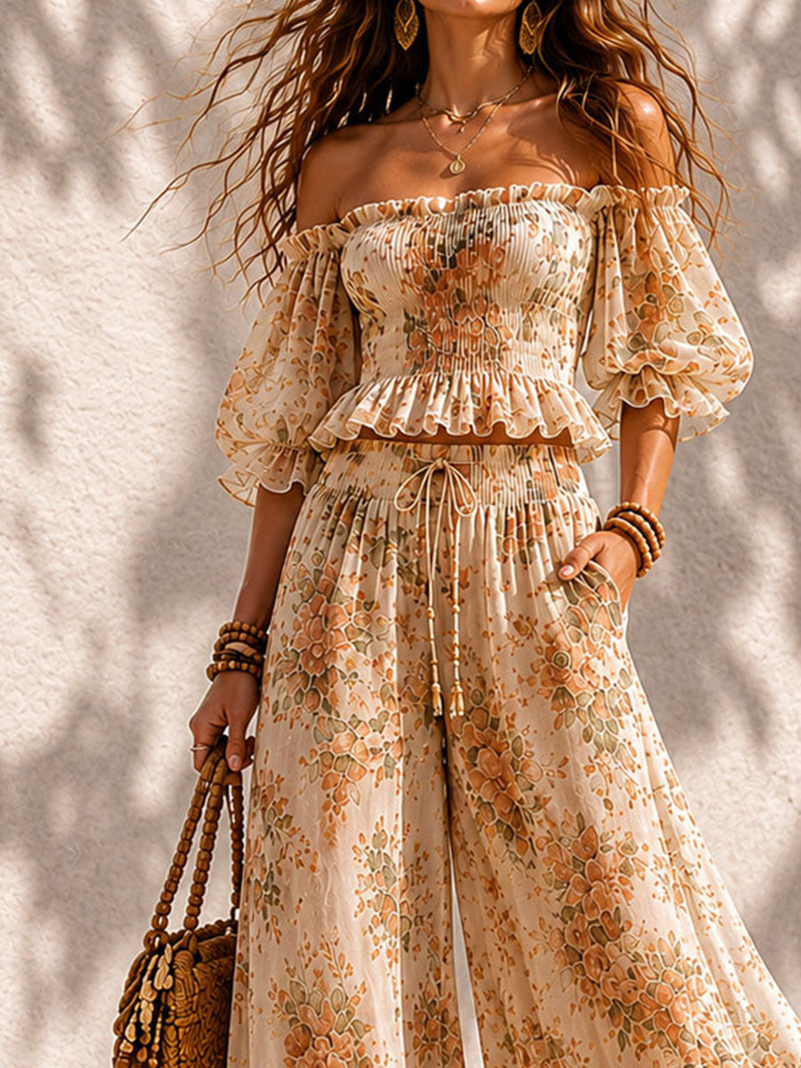 Boho Floral Off-Shoulder Smocked Top & Wide-Leg Pants Two-Piece Set