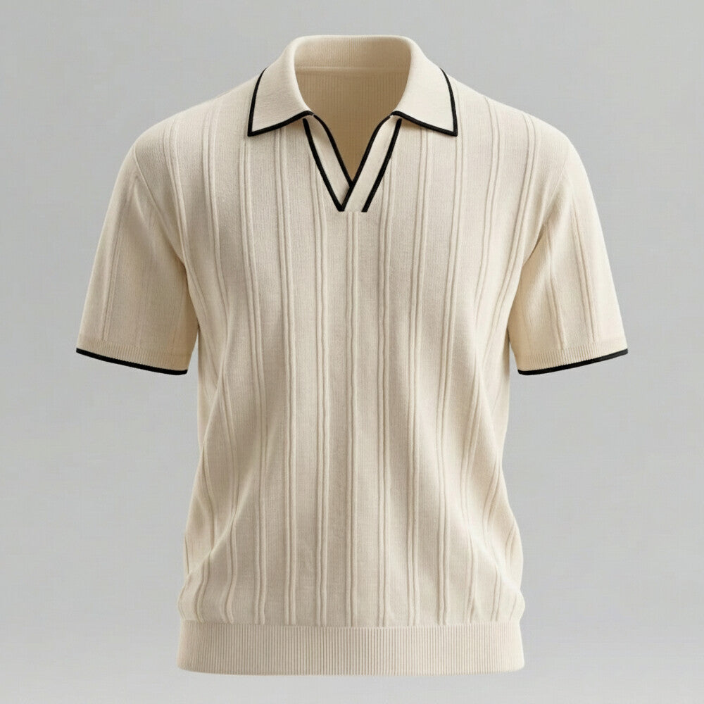 Men's Classic Beige Pit Stripe Contrast Binding Knitted Polo Shirt