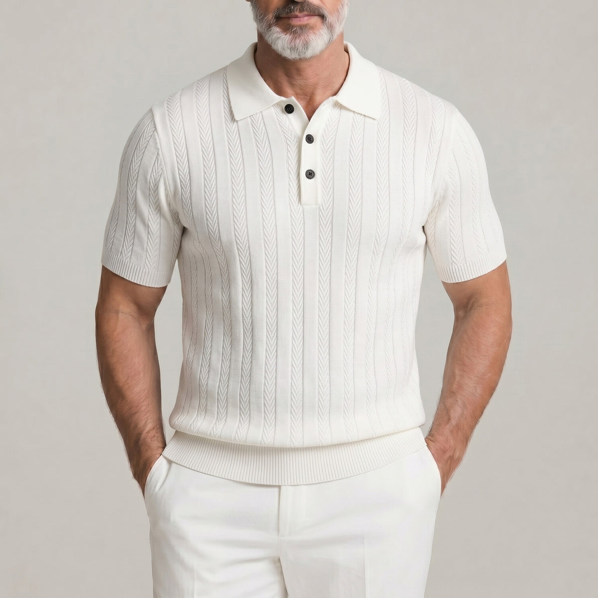 Men's Casual Turndown Collar Pit Stripe Herringbone Pattern Knitted Polo Shirt