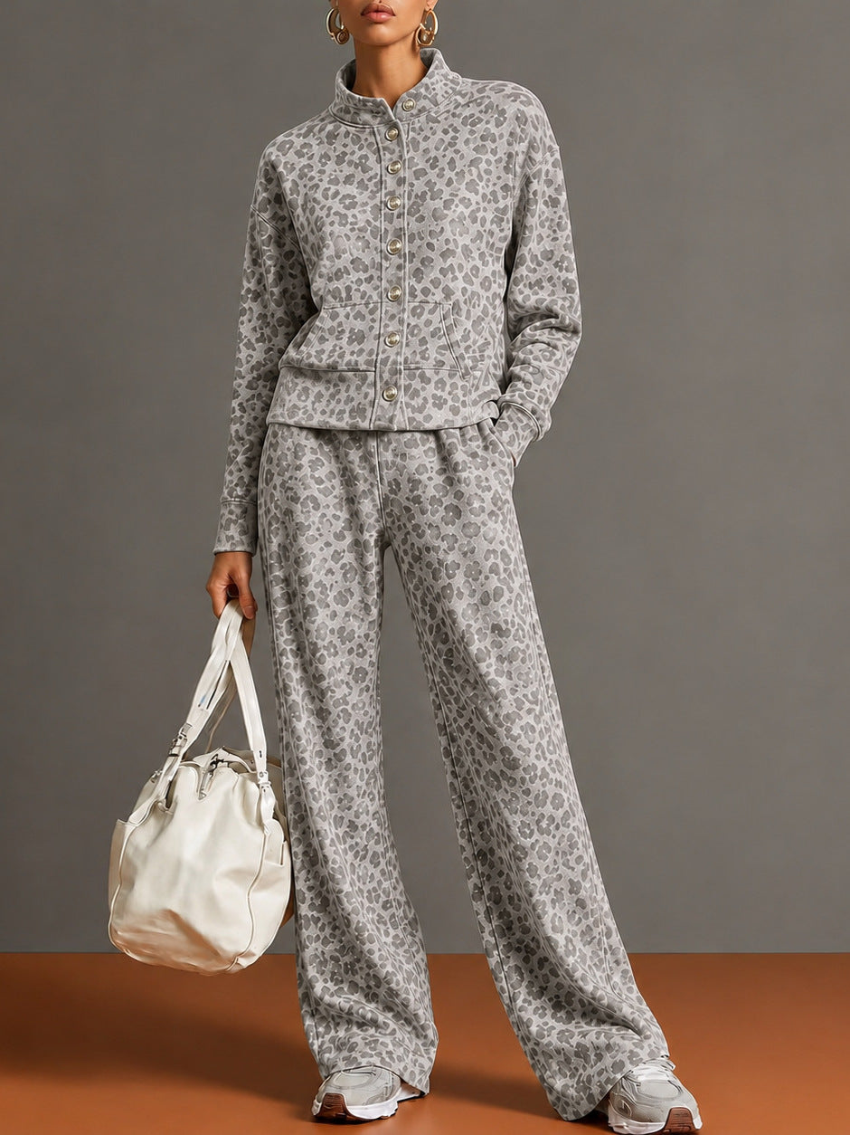 Women’s Leopard Print Stand Collar Sweatshirt & Straight Leg Pants Set