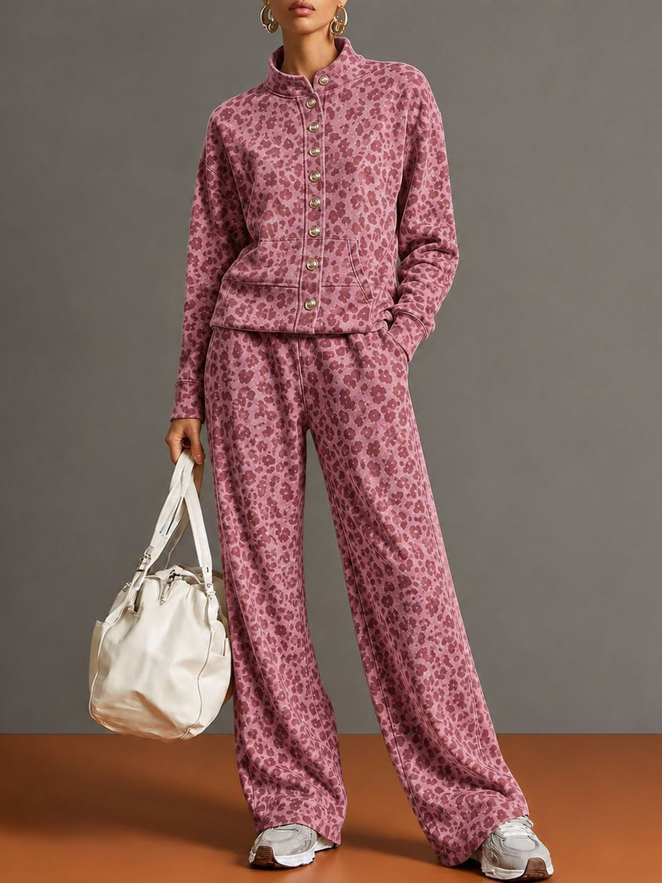 Women’s Leopard Print Stand Collar Sweatshirt & Straight Leg Pants Set