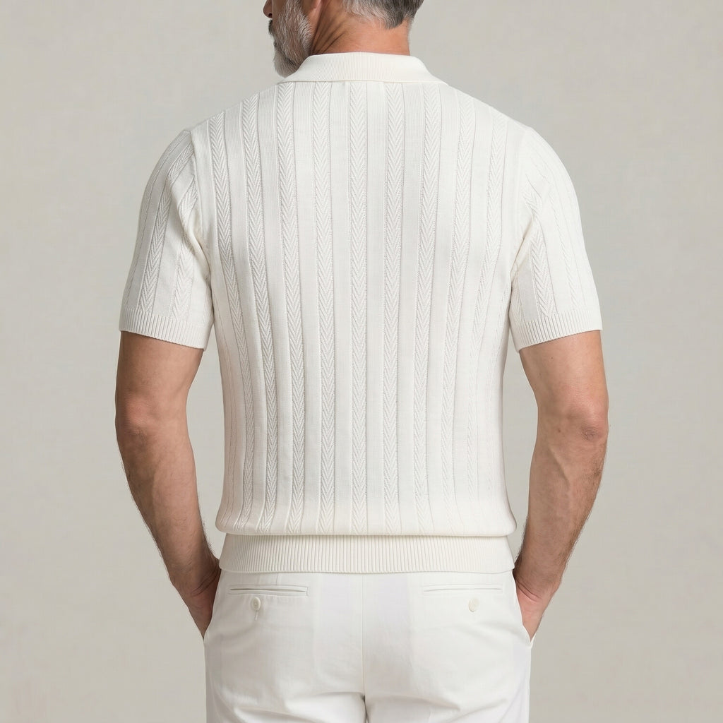 Men's Casual Turndown Collar Pit Stripe Herringbone Pattern Knitted Polo Shirt