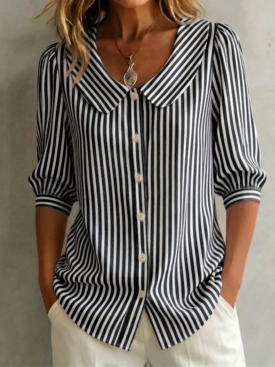 Clearance Sale🔥 Women's Retro Peter Pan Collar Striped Cotton Linen Shirt