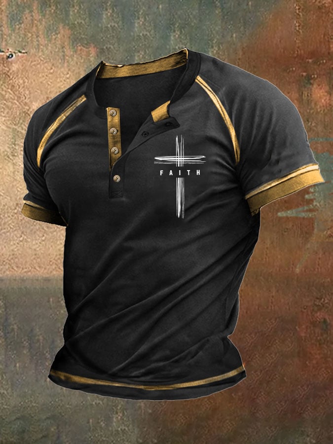 Men'S Faith Cross Print Henley Collar Top