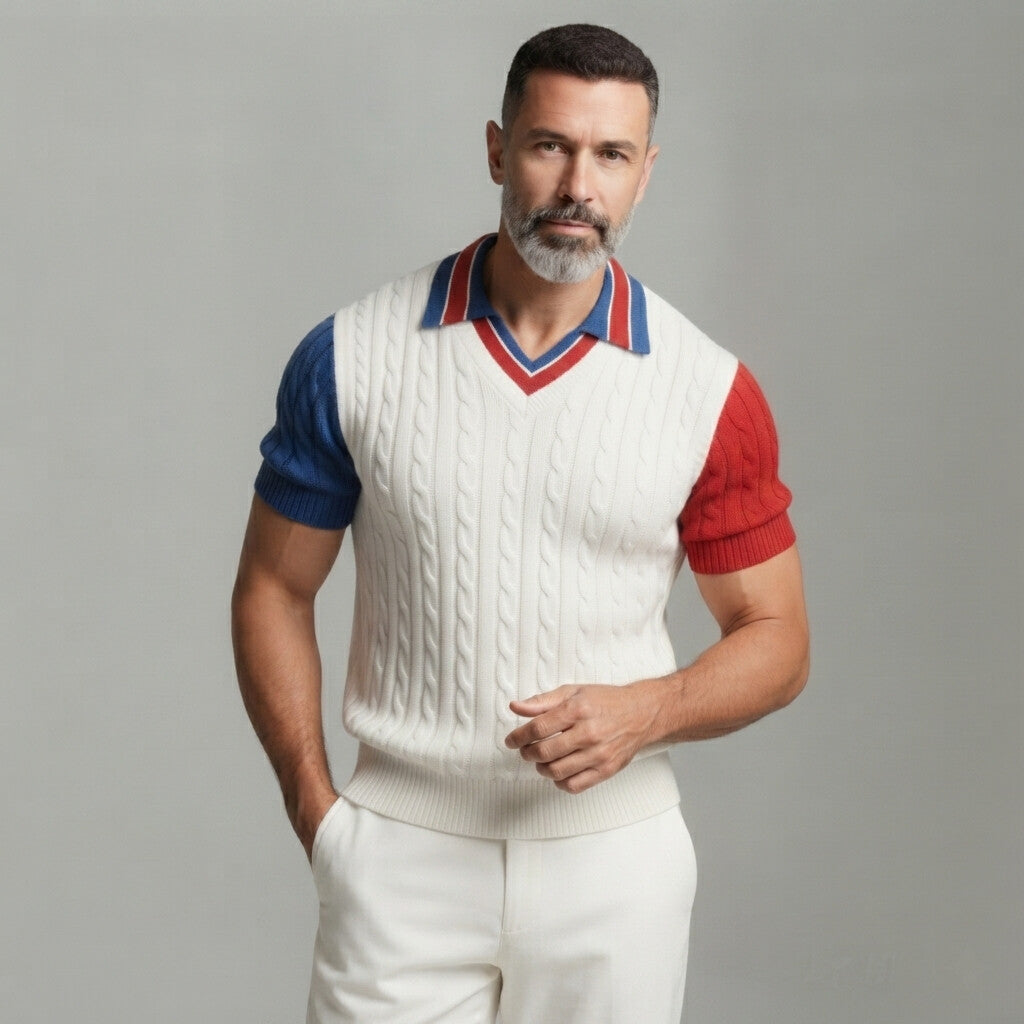 Men's Fashion White Cable Knit Colorblock Short Sleeve Polo Shirt