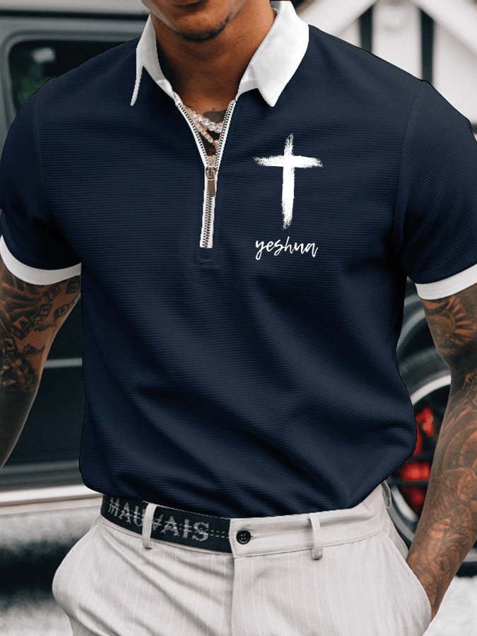 Men's Faith Printed Casual Zip-Up Polo Shirt