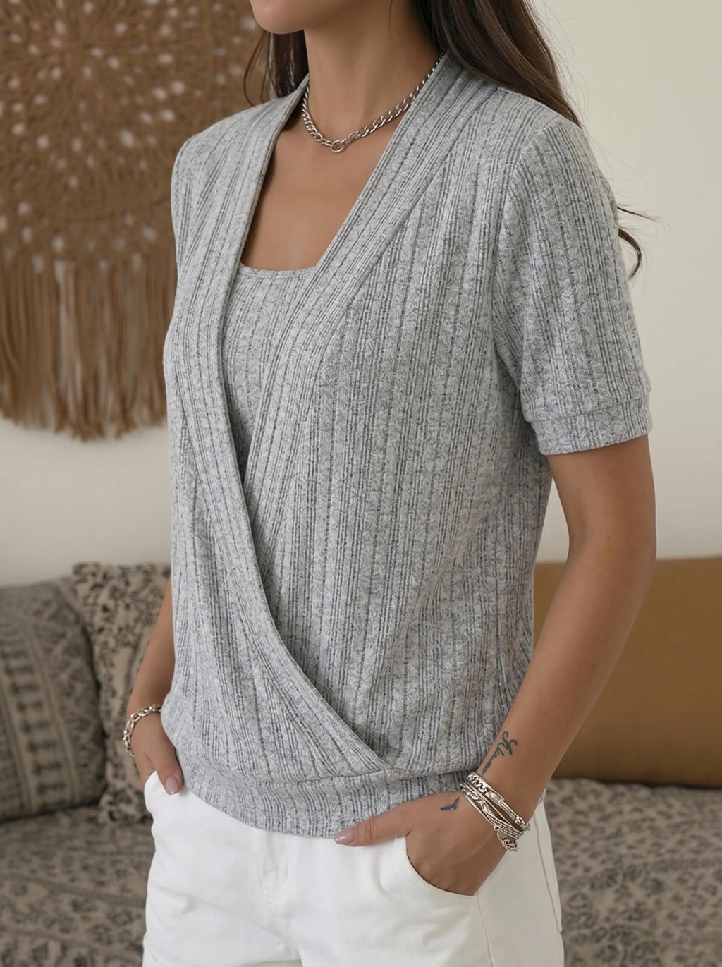 🌊 Fashion Striped Waffle Crossover Textured Knit Top
