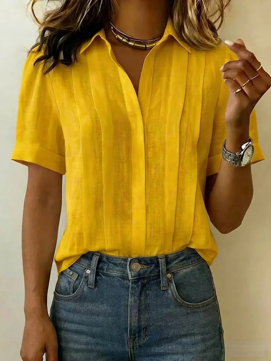 Clearance Sale🔥 Women's Lapel Short-sleeved Casual Loose Pleated Cotton And Linen Shirt T Shirts