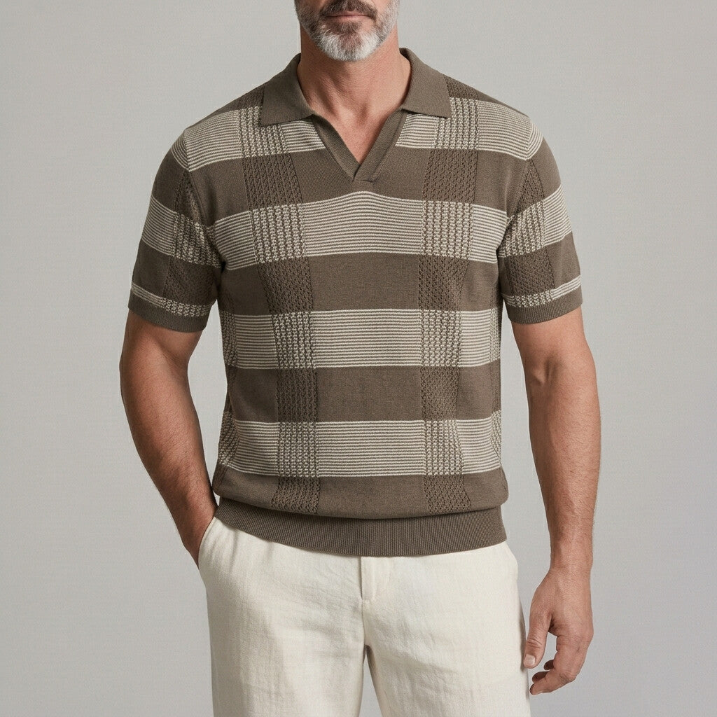 Men's Fashionable Contrast Striped Slim Fit Knitted Polo Shirt