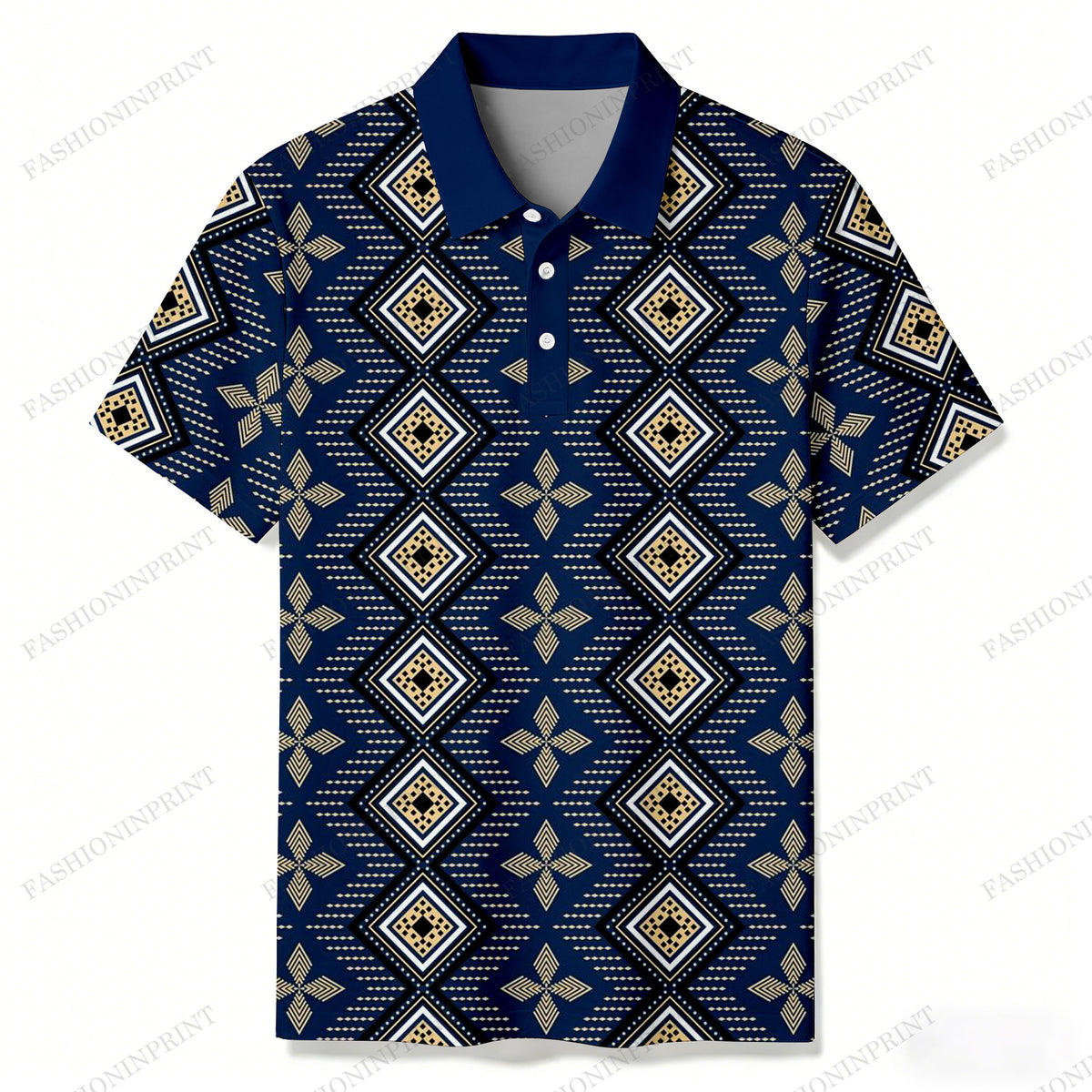 Men's Casual Navy Blue Color Matching Ethnic Style Printed Short Sleeved Polo Shirt