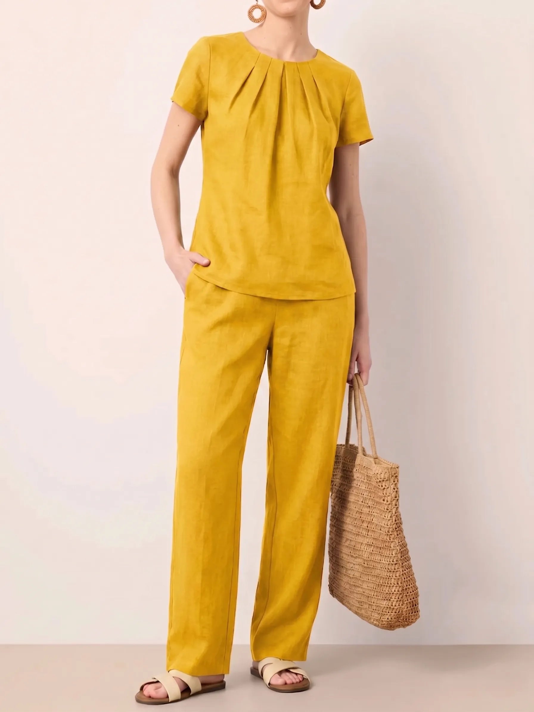 Clearance Sale🔥 Women's Summer Linen Blend 2-Piece Set: Elegant Pleated Round Neck Short Sleeve Top & Wide Leg Long Pants Casual Loungewear