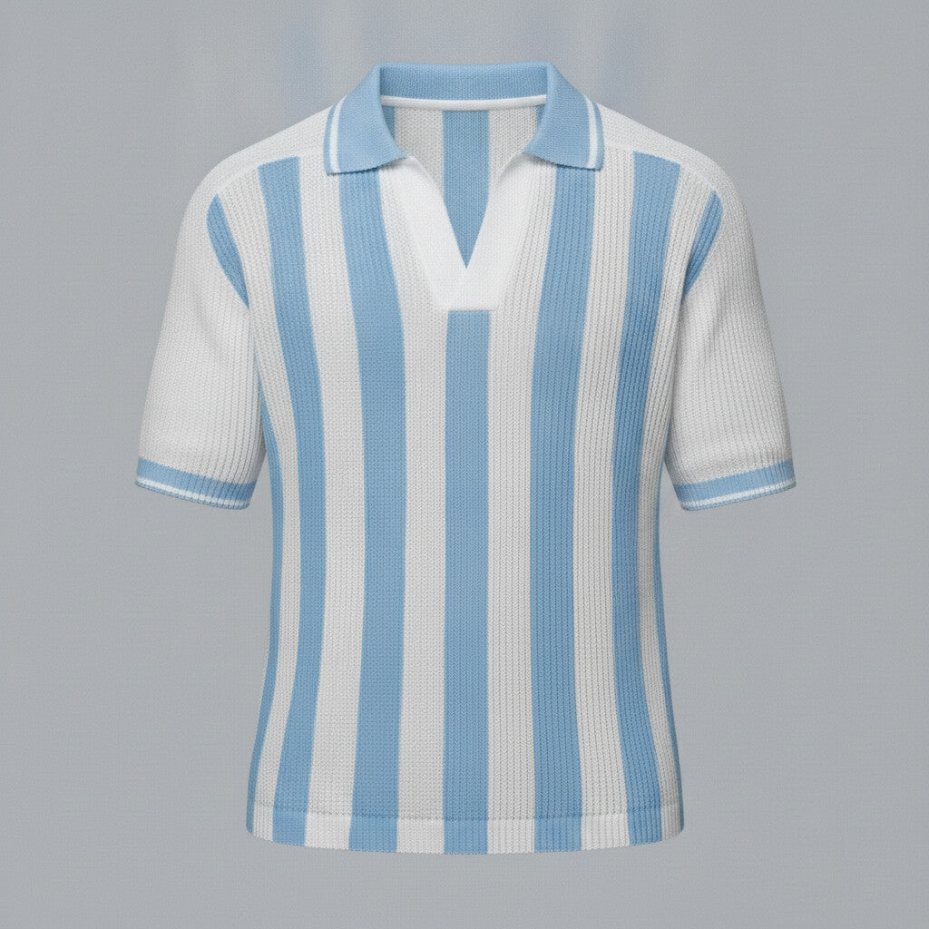 Men's White Contrast Striped Pattern Knitted Short Sleeve Polo Shirt